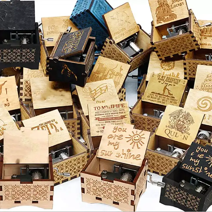 many wooden music boxes